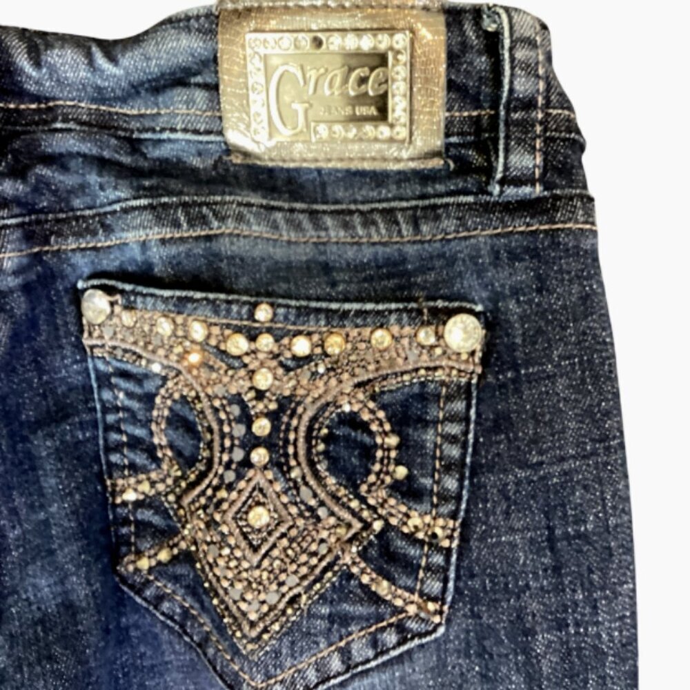 Grace‎ in LA Denim Bootcut Blue Jeans Rhinestone Pockets Jrs Sz 9/30x33 #225N